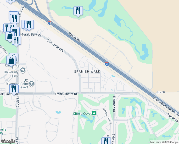map of restaurants, bars, coffee shops, grocery stores, and more near 345 Paseo Gusto in Palm Desert