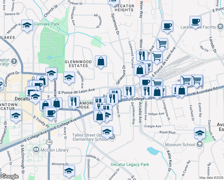 map of restaurants, bars, coffee shops, grocery stores, and more near 910 Sycamore Street in Decatur