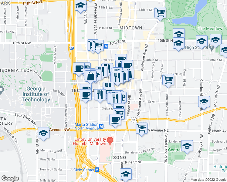 map of restaurants, bars, coffee shops, grocery stores, and more near 764 West Peachtree Street Northwest in Atlanta
