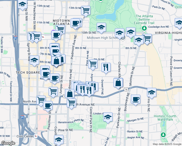 map of restaurants, bars, coffee shops, grocery stores, and more near 764 Argonne Avenue Northeast in Atlanta