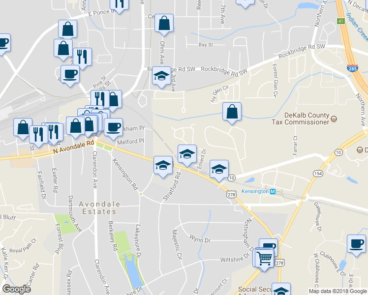 map of restaurants, bars, coffee shops, grocery stores, and more near 542 Stratford Green in Avondale Estates