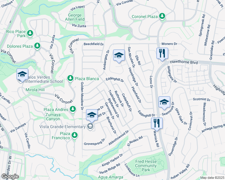 map of restaurants, bars, coffee shops, grocery stores, and more near 28425 Trailriders Drive in Rancho Palos Verdes