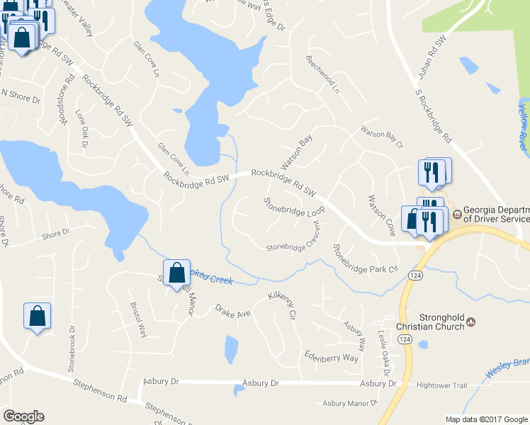 map of restaurants, bars, coffee shops, grocery stores, and more near 675 Stonebridge Loop in Lithonia