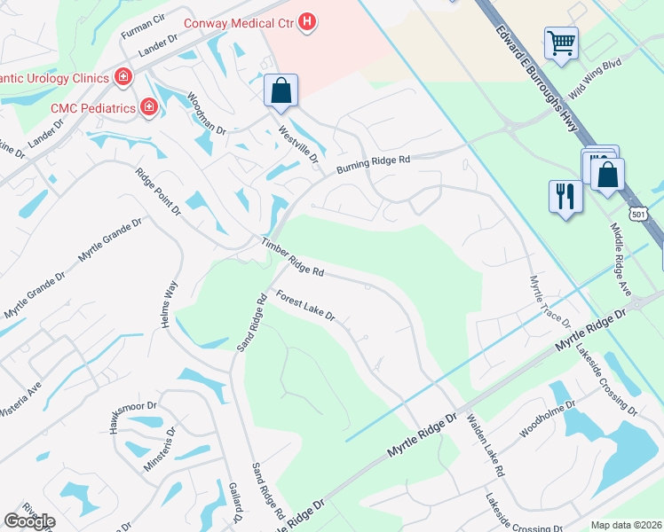 map of restaurants, bars, coffee shops, grocery stores, and more near 8208 Timber Ridge Road in Conway