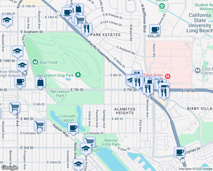 map of restaurants, bars, coffee shops, grocery stores, and more near 730 Santiago Avenue in Long Beach