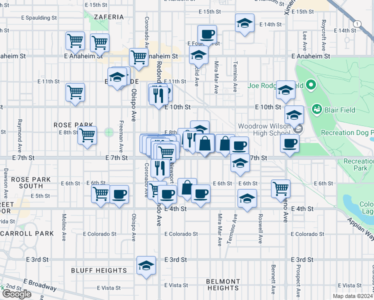 map of restaurants, bars, coffee shops, grocery stores, and more near 724 Loma Avenue in Long Beach