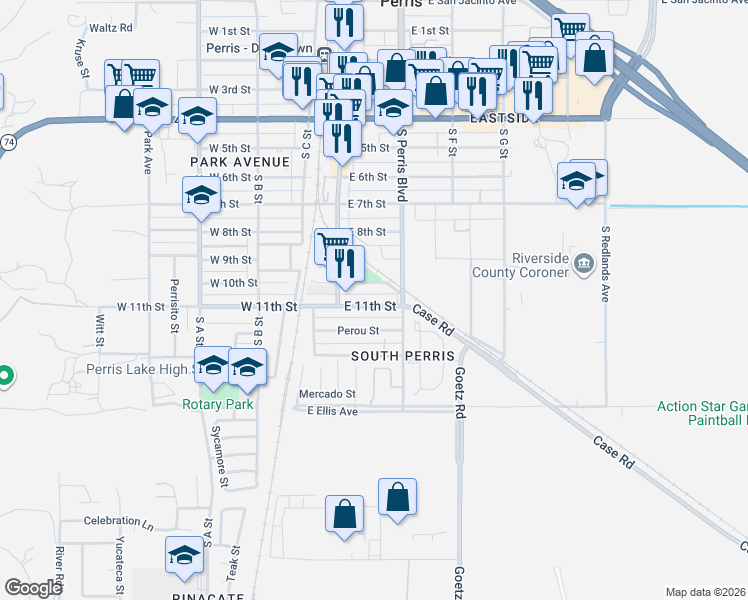 map of restaurants, bars, coffee shops, grocery stores, and more near 154 East 11th Street in Perris