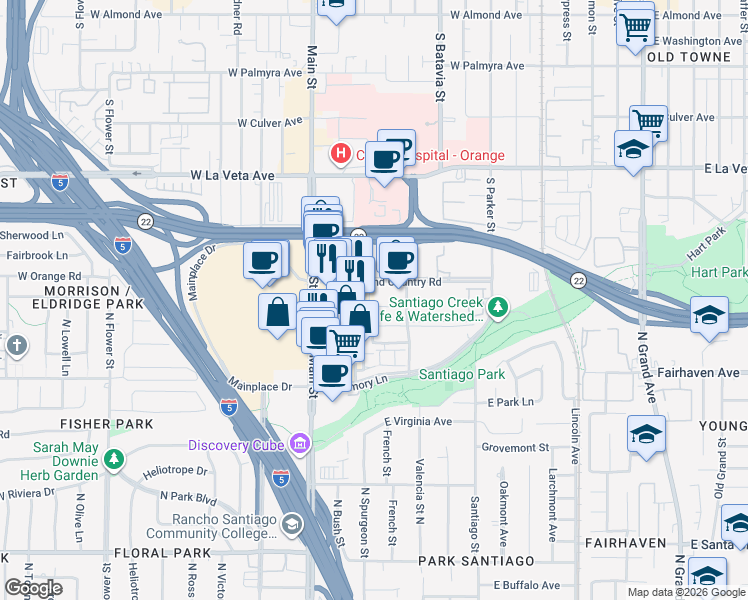 map of restaurants, bars, coffee shops, grocery stores, and more near 1110 Town and Country Road in Orange