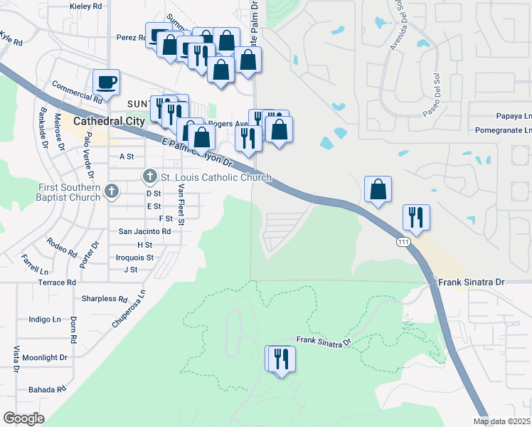 map of restaurants, bars, coffee shops, grocery stores, and more near 69333 East Palm Canyon Drive in Cathedral City