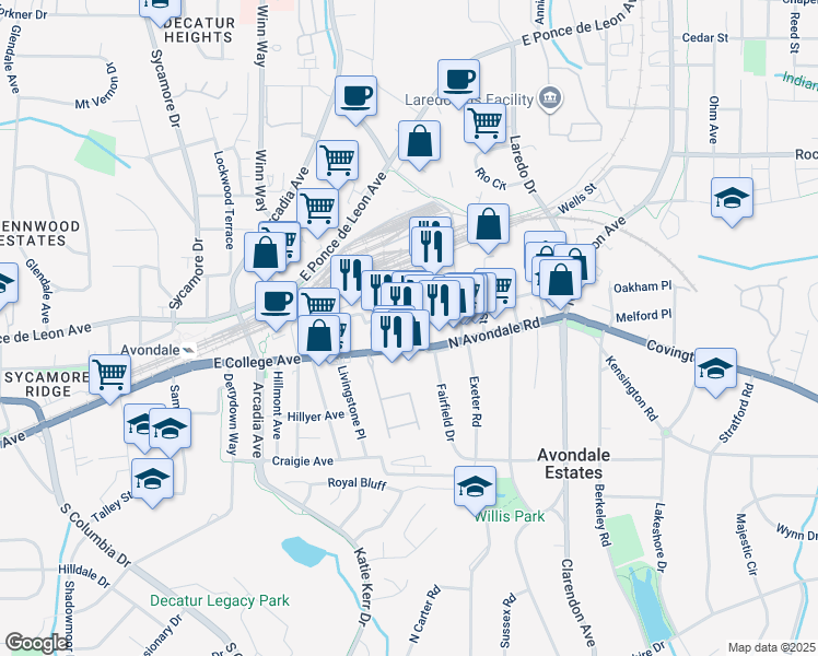 map of restaurants, bars, coffee shops, grocery stores, and more near 6 Pine Street in Avondale Estates