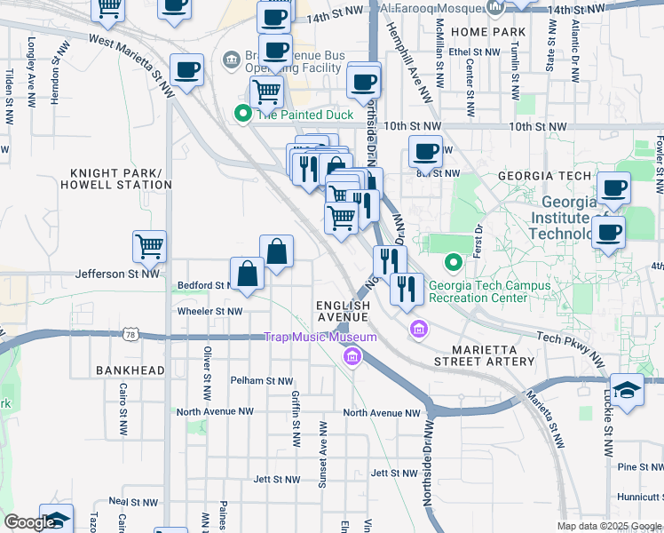 map of restaurants, bars, coffee shops, grocery stores, and more near 694 Jefferson Street Northwest in Atlanta
