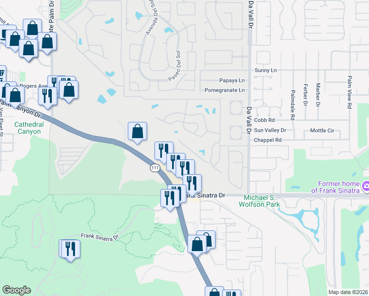map of restaurants, bars, coffee shops, grocery stores, and more near 327 Vía Don Benito in Cathedral City