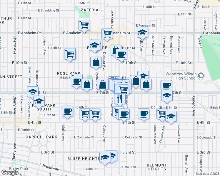 map of restaurants, bars, coffee shops, grocery stores, and more near 725 Coronado Avenue in Long Beach