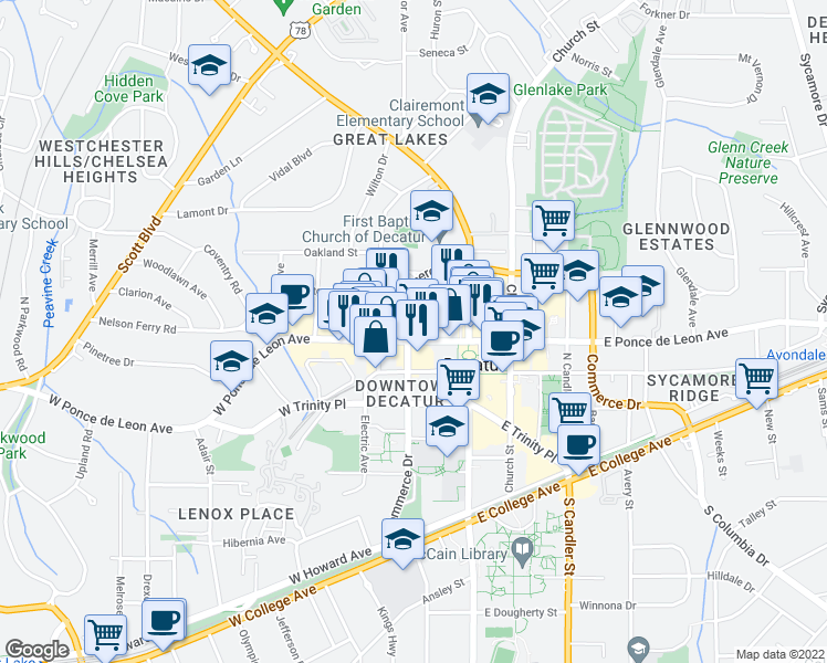 map of restaurants, bars, coffee shops, grocery stores, and more near 190 West Ponce de Leon Avenue in Decatur