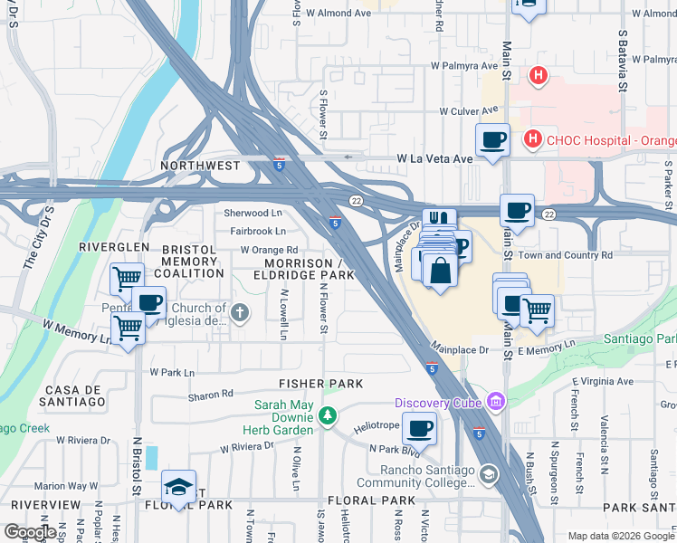 map of restaurants, bars, coffee shops, grocery stores, and more near 2817 North Flower Street in Santa Ana