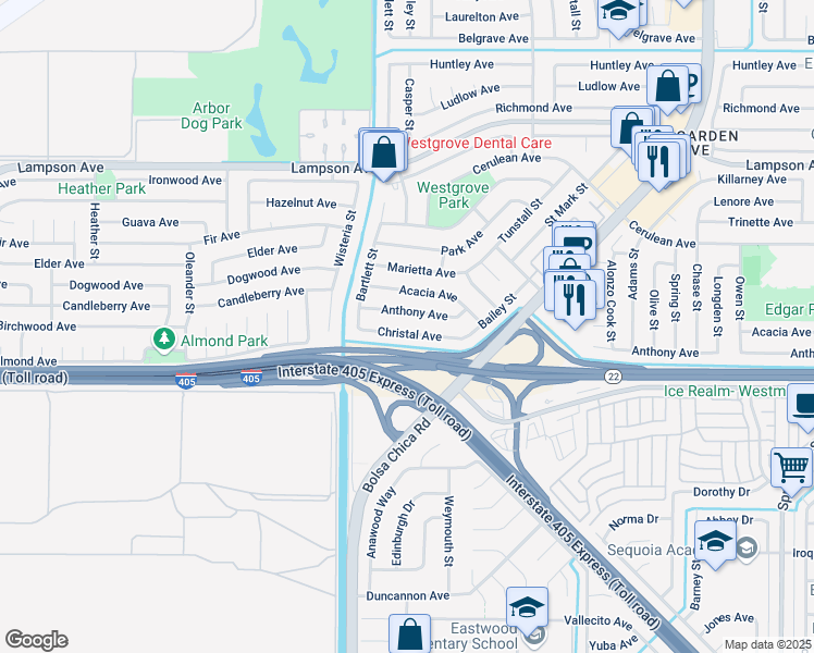 map of restaurants, bars, coffee shops, grocery stores, and more near 5262 Christal Avenue in Garden Grove
