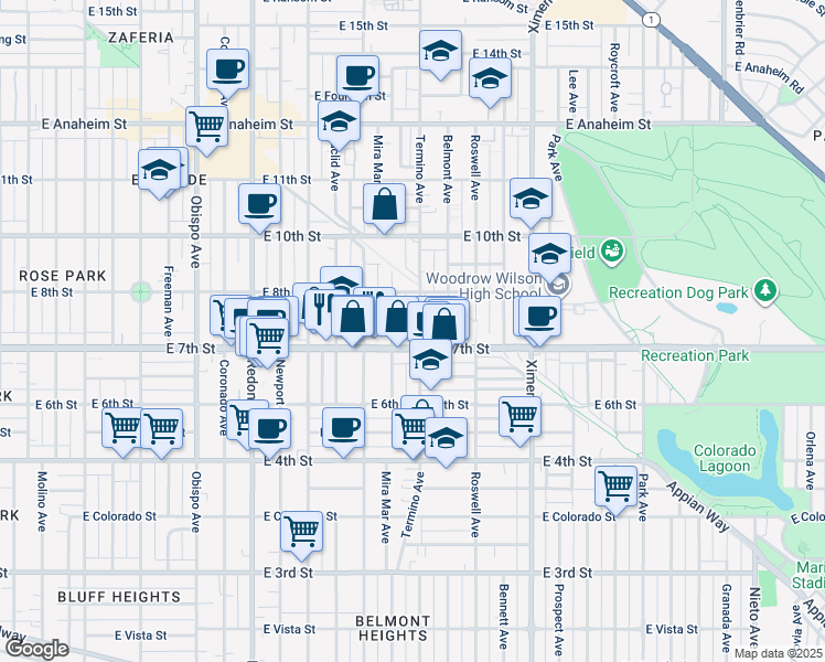 map of restaurants, bars, coffee shops, grocery stores, and more near in Long Beach
