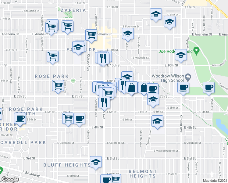 map of restaurants, bars, coffee shops, grocery stores, and more near 3535 East 7th Street in Long Beach