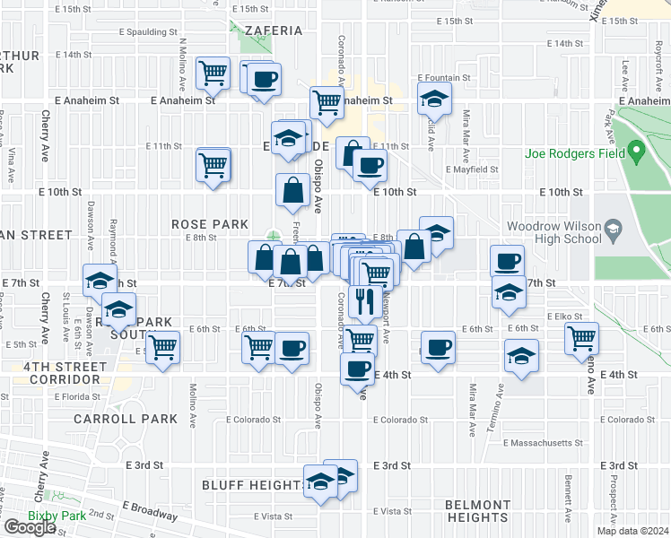 map of restaurants, bars, coffee shops, grocery stores, and more near 3307 East 7th Street in Long Beach