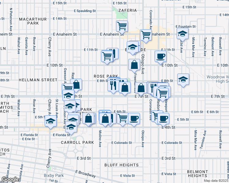map of restaurants, bars, coffee shops, grocery stores, and more near 2847 East 7th Street in Long Beach