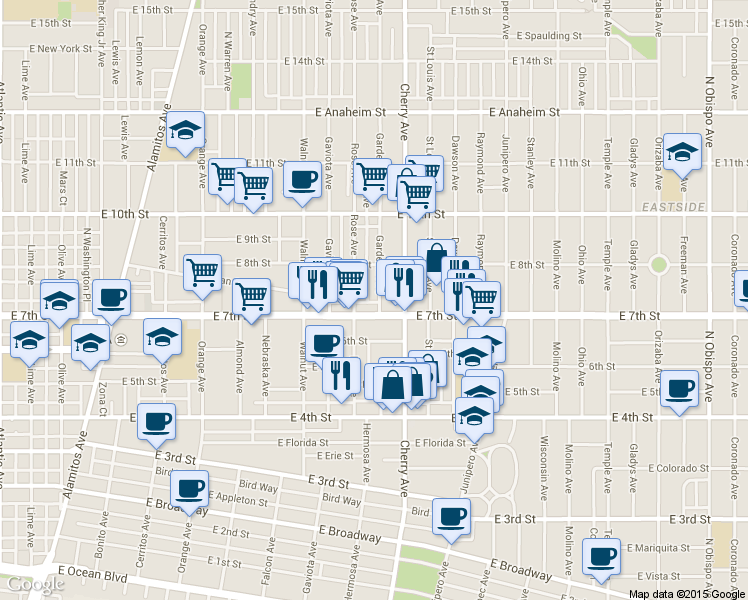 map of restaurants, bars, coffee shops, grocery stores, and more near 1905 East 7th Street in Long Beach