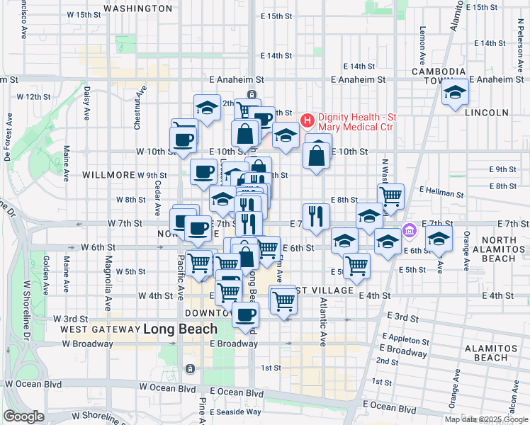 map of restaurants, bars, coffee shops, grocery stores, and more near 357 East 7th Street in Long Beach