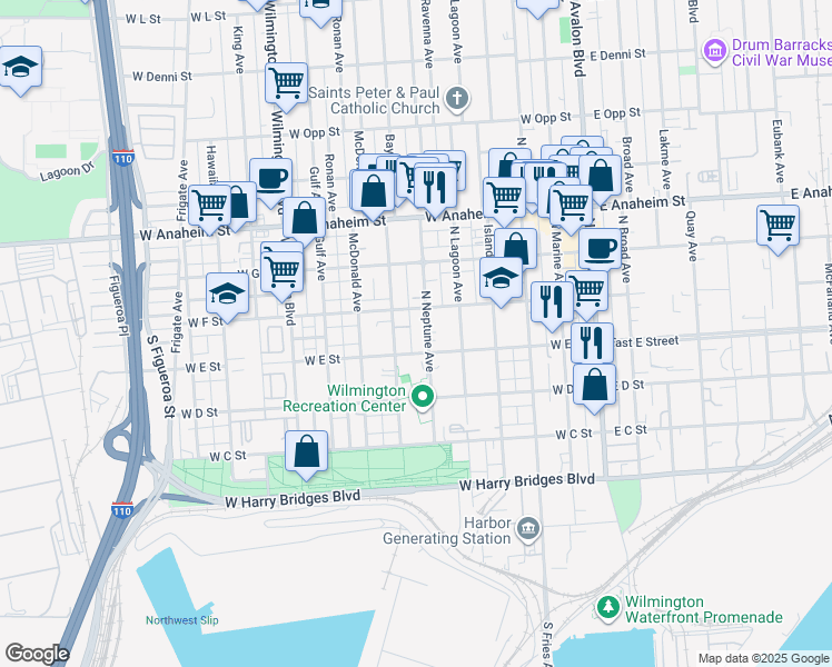 map of restaurants, bars, coffee shops, grocery stores, and more near 605 West E Street in Los Angeles