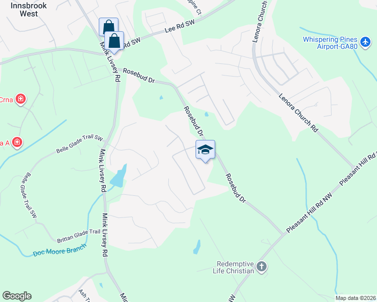 map of restaurants, bars, coffee shops, grocery stores, and more near 4037 Rosebud Park Drive in Snellville