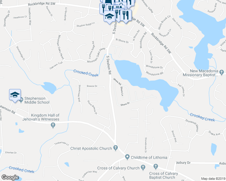 map of restaurants, bars, coffee shops, grocery stores, and more near 683 Shore Drive in Lithonia