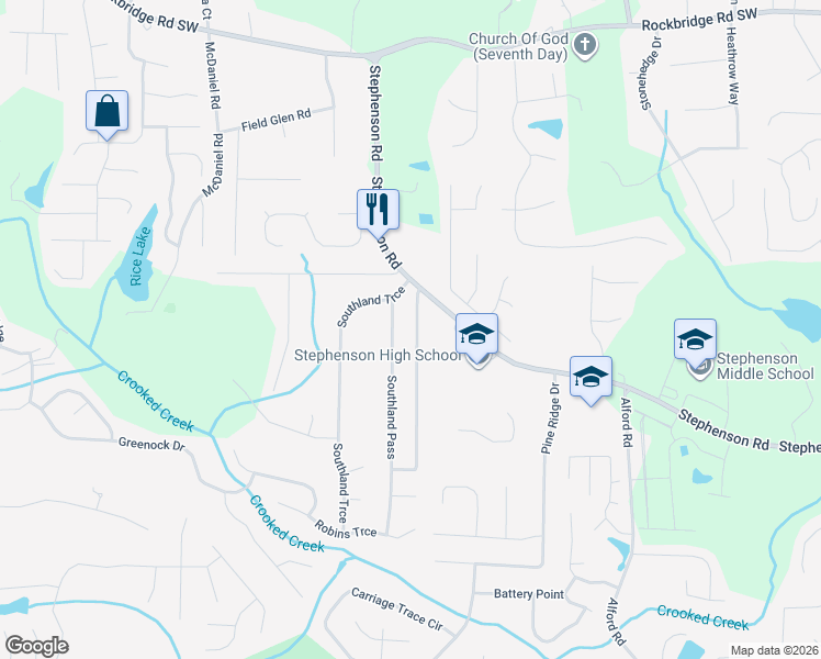 map of restaurants, bars, coffee shops, grocery stores, and more near 681 Stephenson Ridge in Stone Mountain