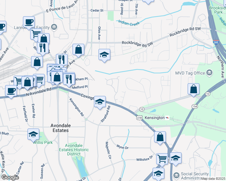 map of restaurants, bars, coffee shops, grocery stores, and more near 542 Stratford Green in Avondale Estates