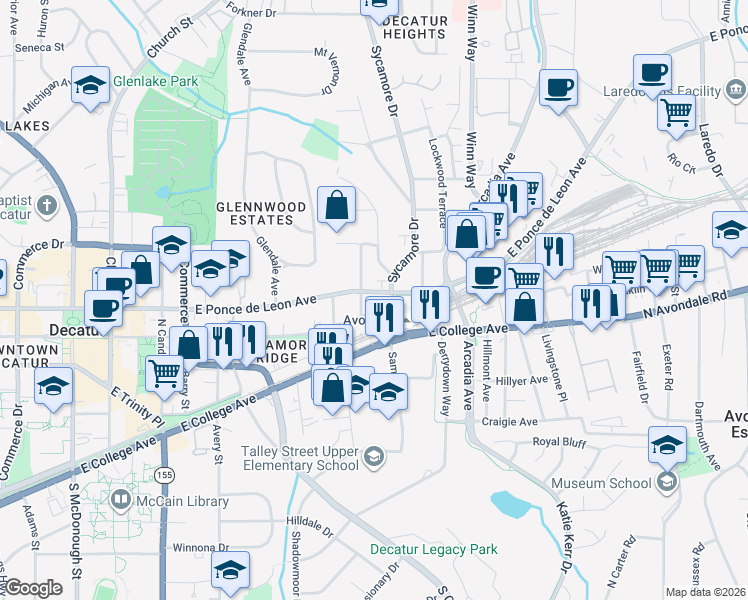map of restaurants, bars, coffee shops, grocery stores, and more near 910 Sycamore Street in Decatur
