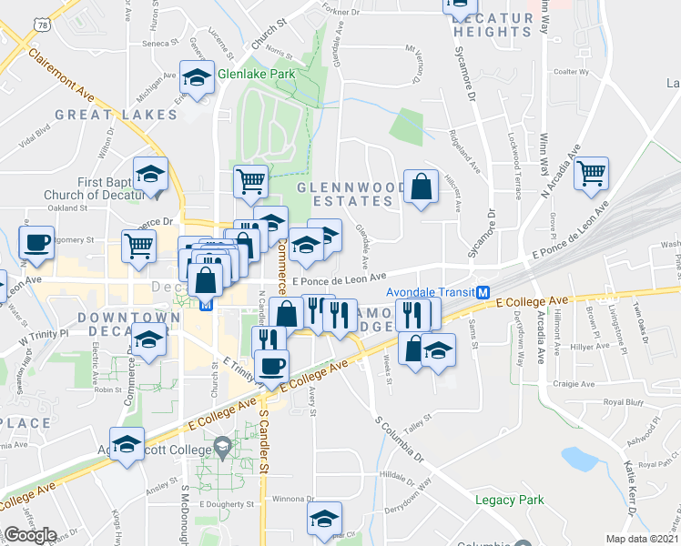 map of restaurants, bars, coffee shops, grocery stores, and more near 515 East Ponce de Leon Avenue in Decatur