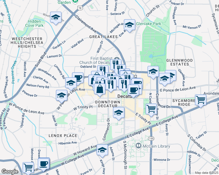 map of restaurants, bars, coffee shops, grocery stores, and more near 190 West Ponce de Leon Avenue in Decatur