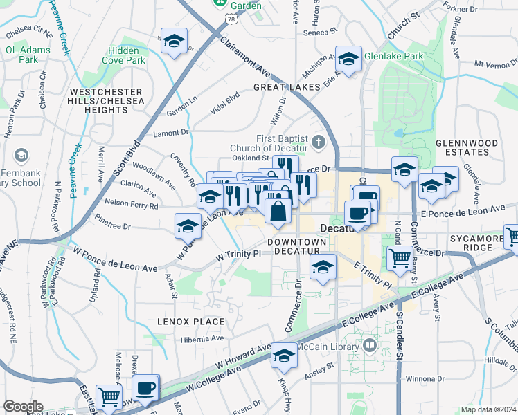 map of restaurants, bars, coffee shops, grocery stores, and more near 358 West Ponce de Leon Avenue in Decatur
