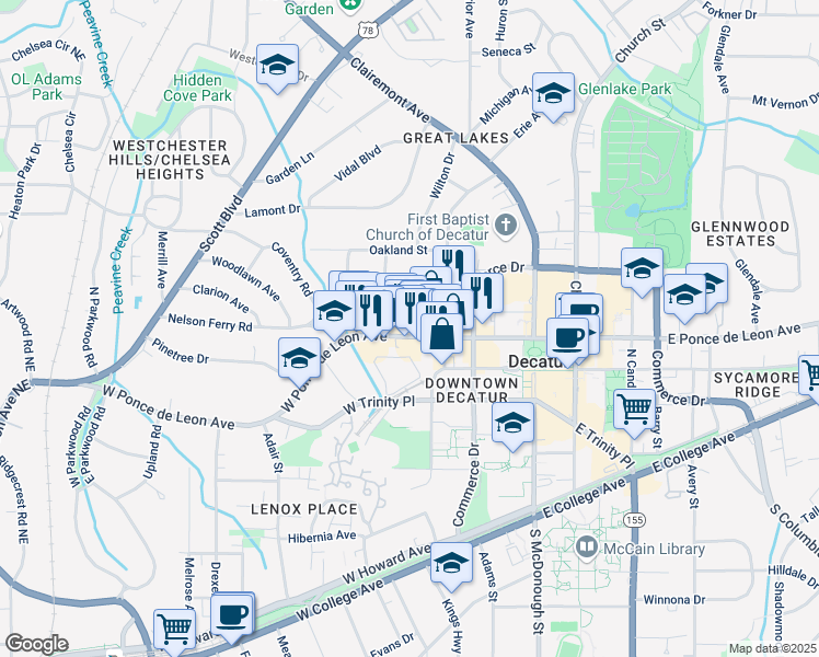 map of restaurants, bars, coffee shops, grocery stores, and more near 335 West Ponce de Leon Avenue in Decatur