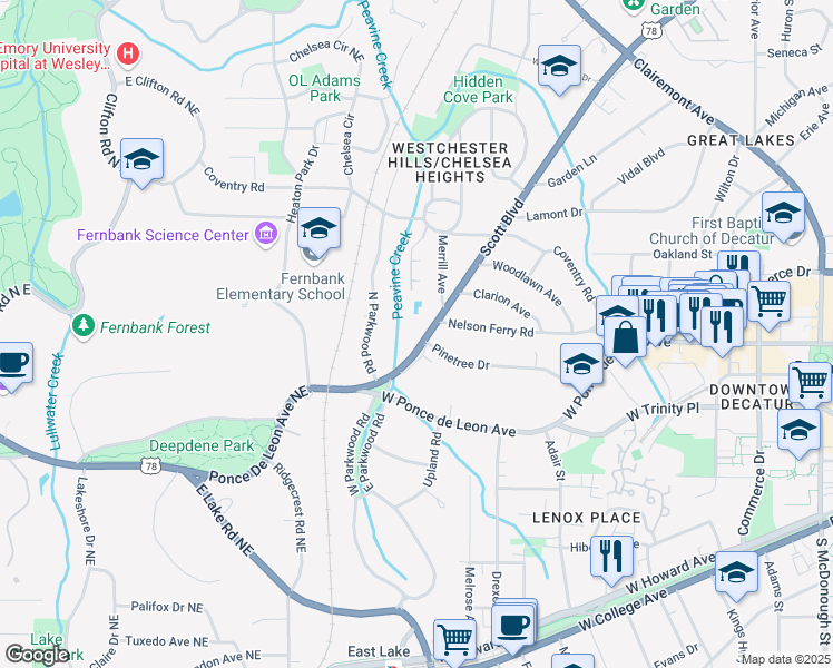 map of restaurants, bars, coffee shops, grocery stores, and more near 126 Scott Boulevard in Decatur
