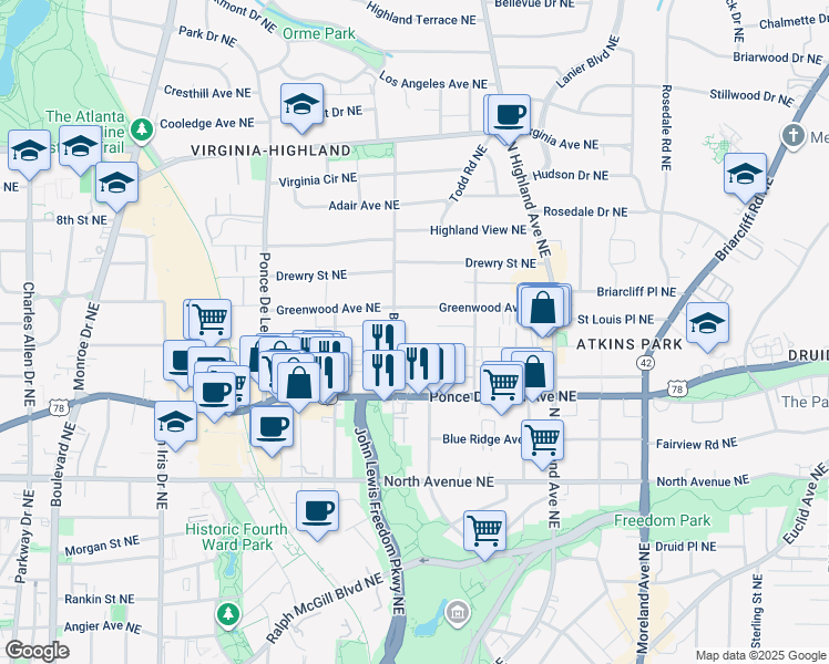 map of restaurants, bars, coffee shops, grocery stores, and more near 886 Saint Charles Avenue Northeast in Atlanta