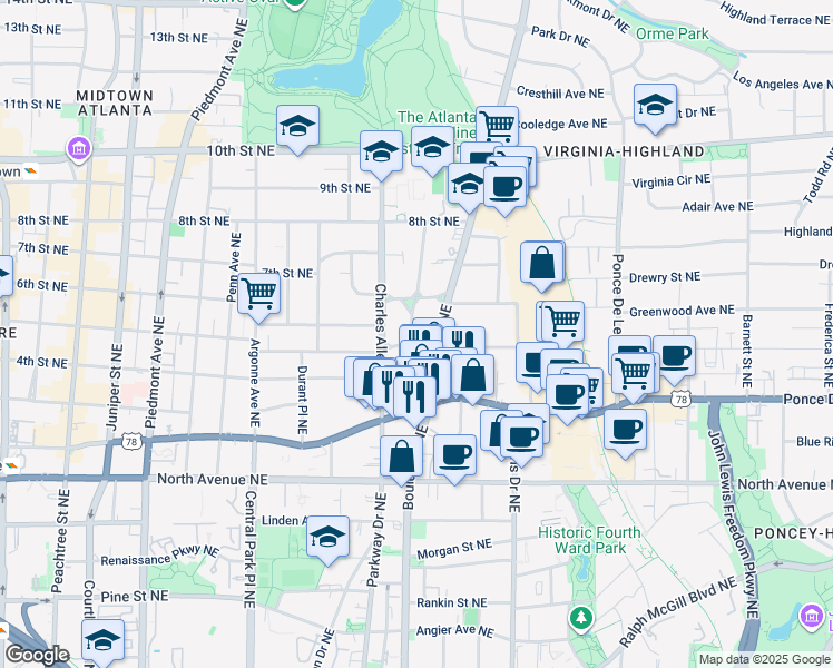 map of restaurants, bars, coffee shops, grocery stores, and more near 773 Vedado Way Northeast in Atlanta