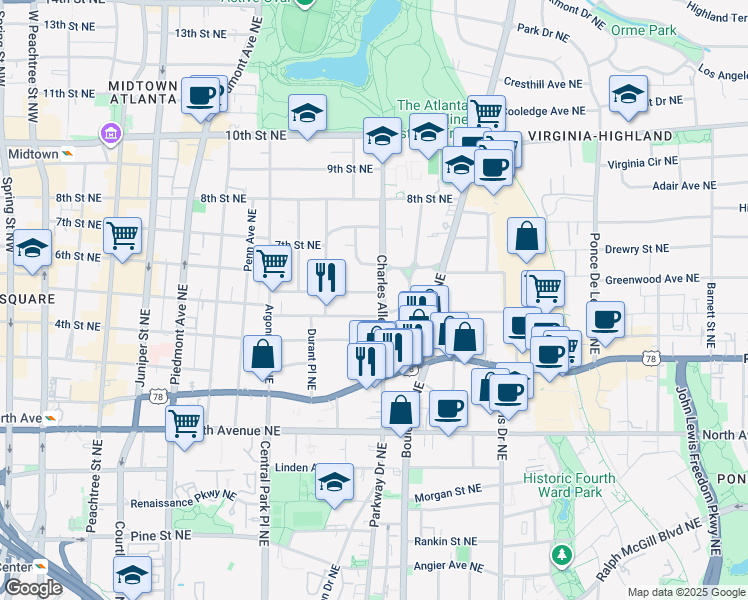 map of restaurants, bars, coffee shops, grocery stores, and more near 418 5th Street Northeast in Atlanta