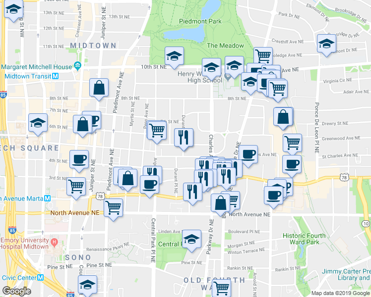 map of restaurants, bars, coffee shops, grocery stores, and more near 375 6th Street Northeast in Atlanta