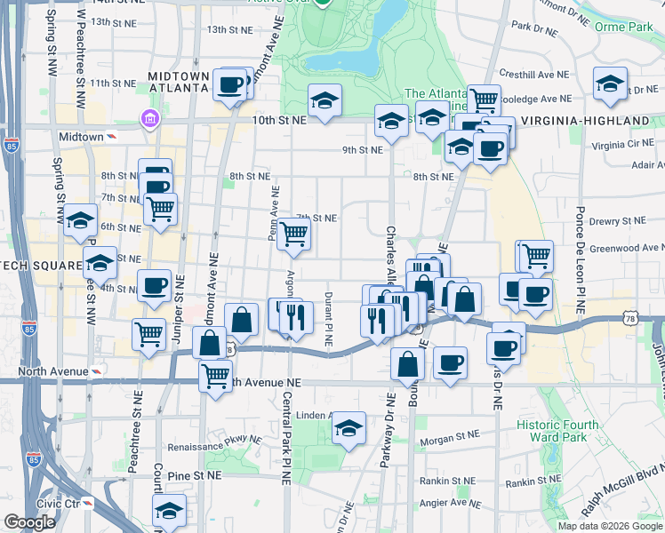 map of restaurants, bars, coffee shops, grocery stores, and more near 374 5th Street Northeast in Atlanta
