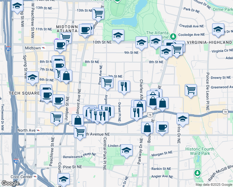 map of restaurants, bars, coffee shops, grocery stores, and more near 332 5th Street Northeast in Atlanta