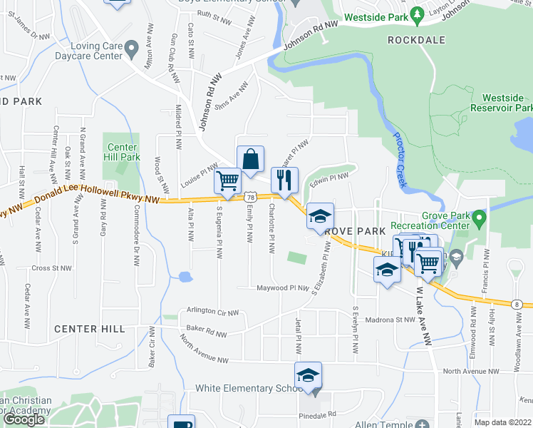 map of restaurants, bars, coffee shops, grocery stores, and more near 748 Charlotte Place Northwest in Atlanta