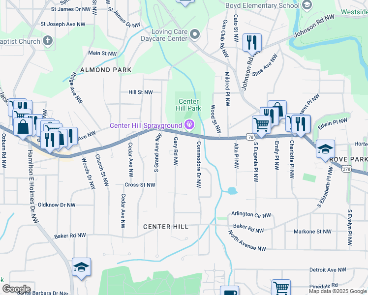 map of restaurants, bars, coffee shops, grocery stores, and more near 751 Gary Road Northwest in Atlanta