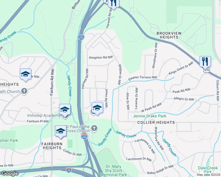 map of restaurants, bars, coffee shops, grocery stores, and more near 2247 Jones Road Northwest in Atlanta
