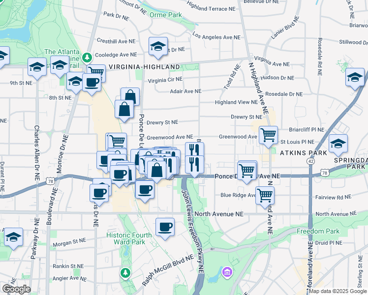 map of restaurants, bars, coffee shops, grocery stores, and more near 836 Saint Charles Avenue Northeast in Atlanta