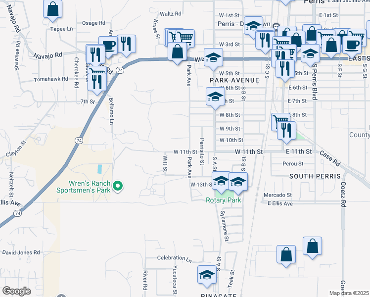 map of restaurants, bars, coffee shops, grocery stores, and more near 1050 Park Avenue in Perris