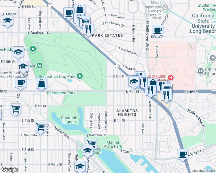 map of restaurants, bars, coffee shops, grocery stores, and more near 730 Santiago Avenue in Long Beach