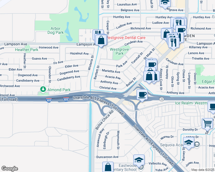 map of restaurants, bars, coffee shops, grocery stores, and more near 5262 Christal Avenue in Garden Grove